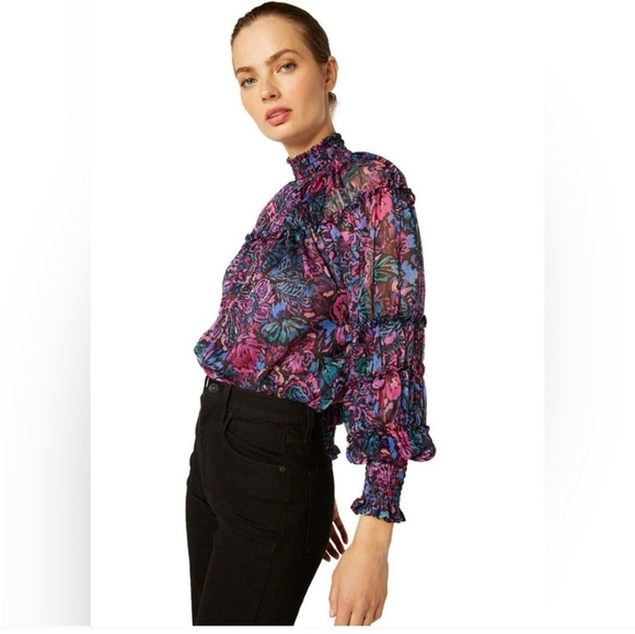 Misa Los Angeles Tops - Misa Rosalinda semi-sheer blouse rose and blue